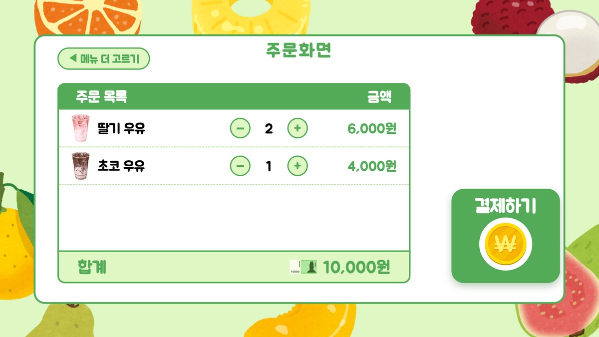 담은 음료 목록과 수량 조절, 합계 금액
