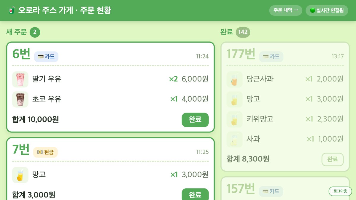 실시간으로 들어온 주문 카드가 표시된 바리스타 화면